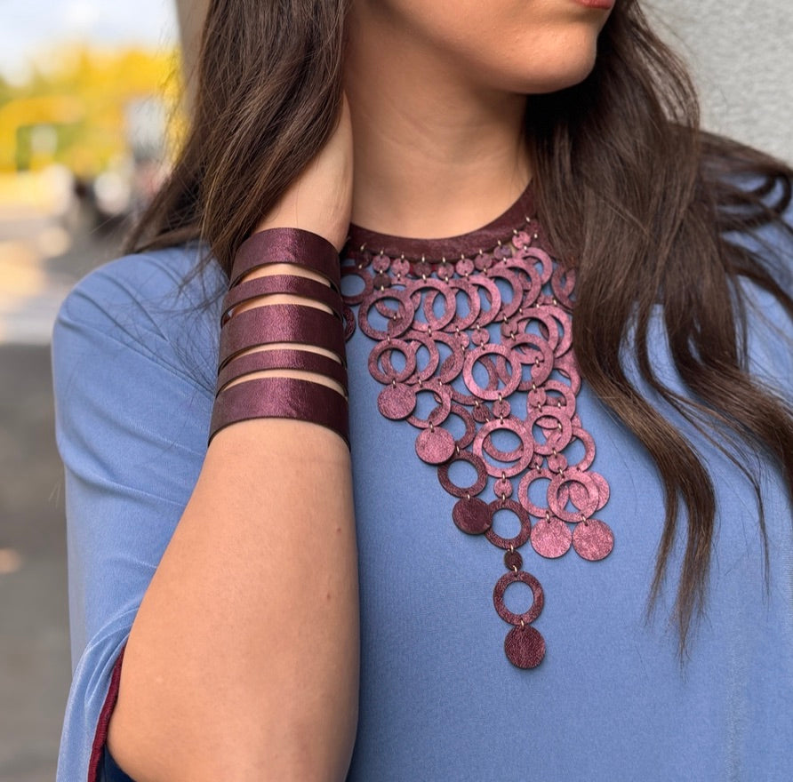 Collana CERCHI degradè DOUBLE FACE - Burgundy Cangiante retro Oro Rosa Martellato