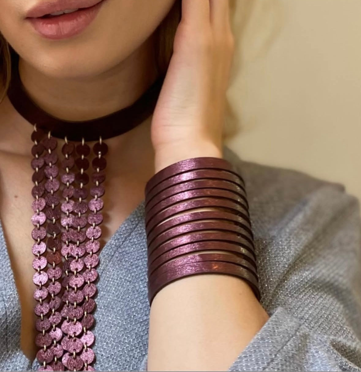 Collana MULTIFILO DOUBLE FACE - Burgundy Cangiante/Oro Rosa Martellato