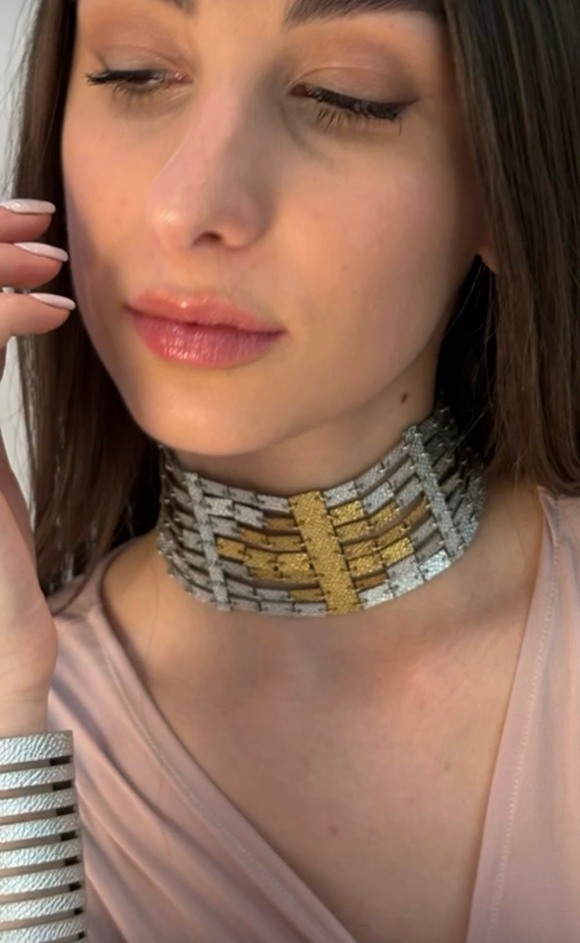 Collana FRAMMENTI con inserto rombo oro - Argento Martellato